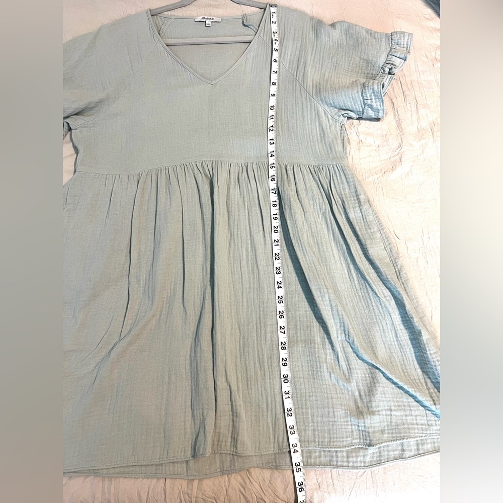 Madewell Mini Dress Ruffle Sleeves Pockets Cotton Glassware Blue SZ L EUC - Picture 9 of 9